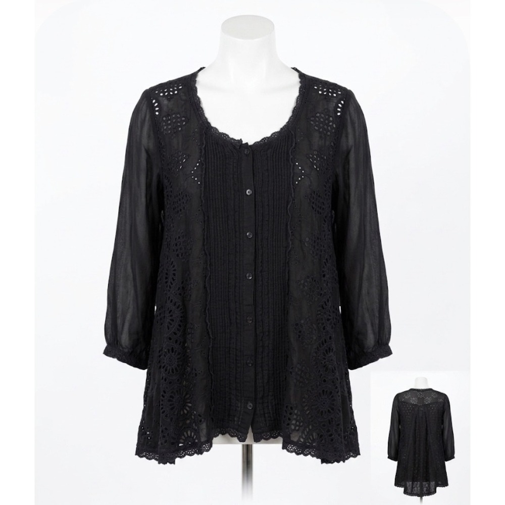 Johnny Was Black Eyelet Embroidered Tunic Top Boho Button Front Roll Tab M